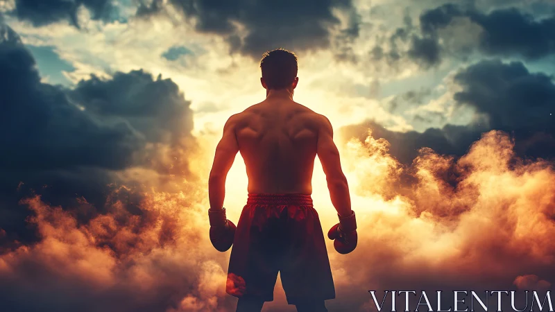 Shirtless Boxer Silhouette Against Golden Sunrise Clouds