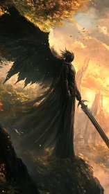 Armored dark angel with obsidian wings over autumn canyon