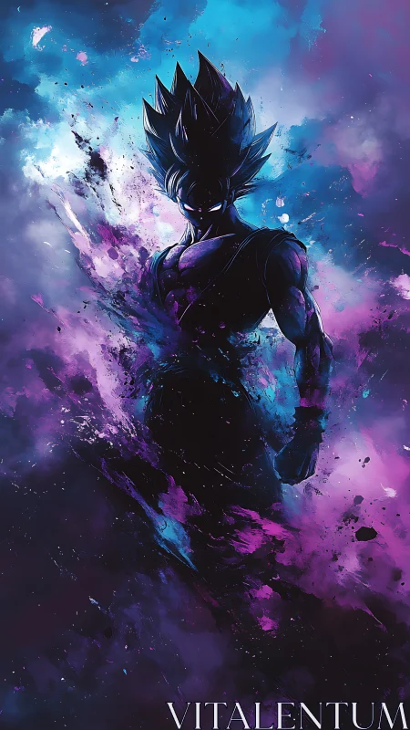 Cosmic warrior rising in swirling purple and blue energy.