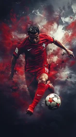 Explosive digital portrait of dynamic football striker in red.
