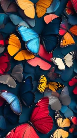 Multicolored butterfly collection on dark teal background.