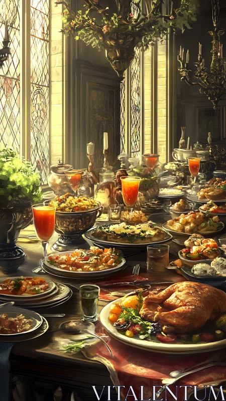Lavish sunlit banquet table overflows with festive dishes.