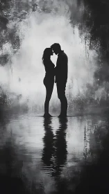 Silhouetted figures kissing against textured monochromatic background