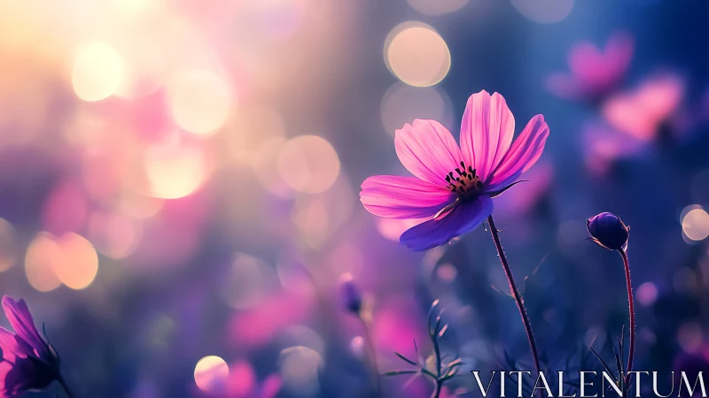 Macro cosmos flower rendered with shallow depth and bokeh highlights