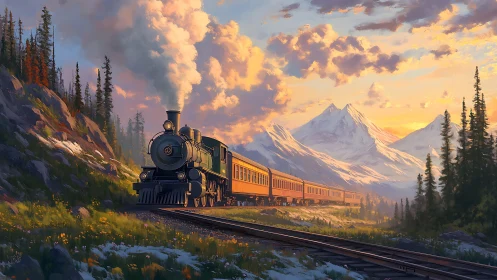 Mountain train journey under a glowing sunset sky.