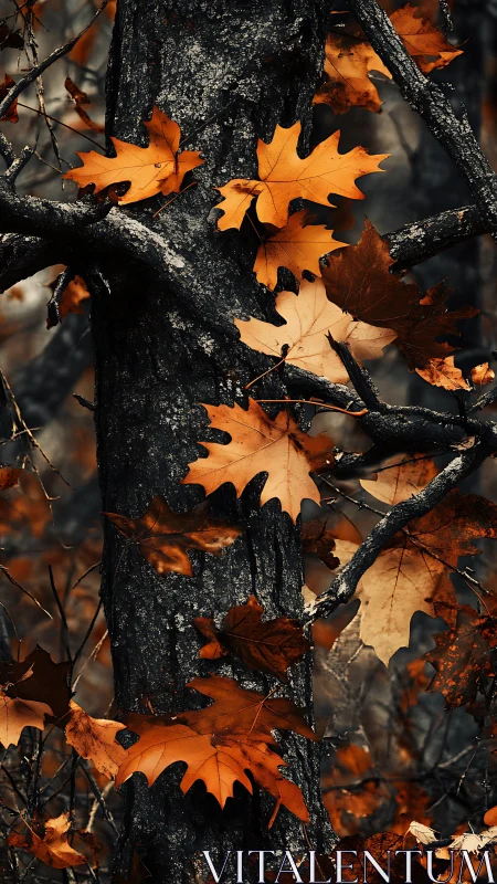 Autumn oak leaves cling to dark tree trunk and branches