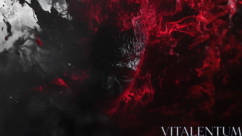 Dark human face emerging through high-contrast red fluid turbulence