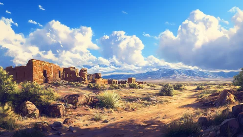 Desert ruins glow under towering clouds and distant mountains
