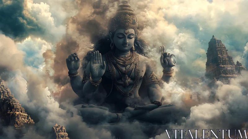 Serene deity rests among swirling clouds and ancient spires