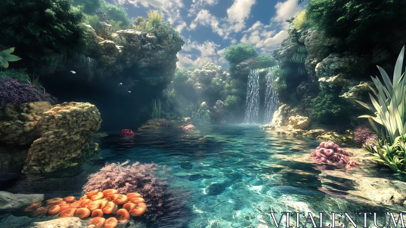 Luminous tropical lagoon with cascading crystal waterfall.