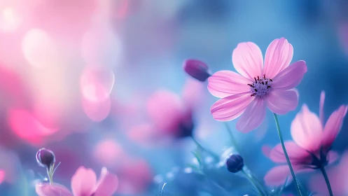 Pink Cosmos Flowers in Soft Focus Gradient. Ethereal Botanical Photography.