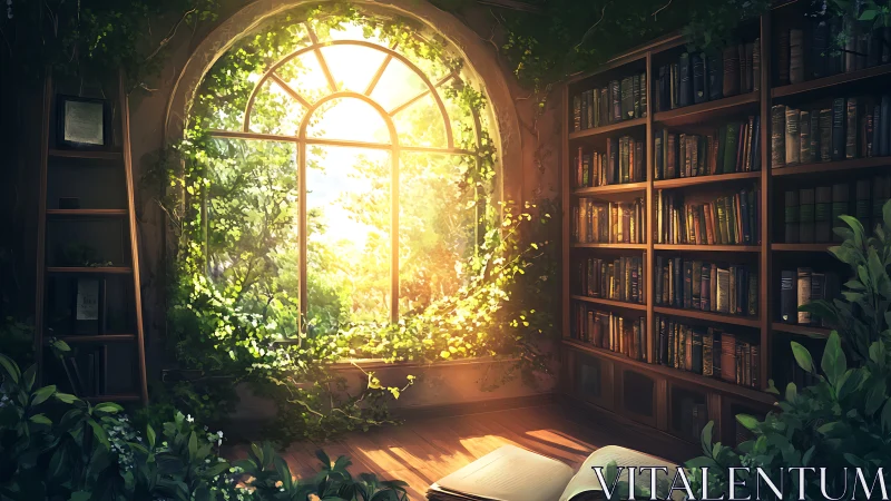 Sunlit ivy library interior integrates bookshelves and arched window