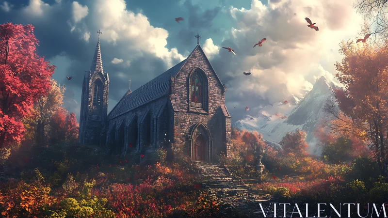 Gothic stone chapel amid autumn forest and alpine peaks