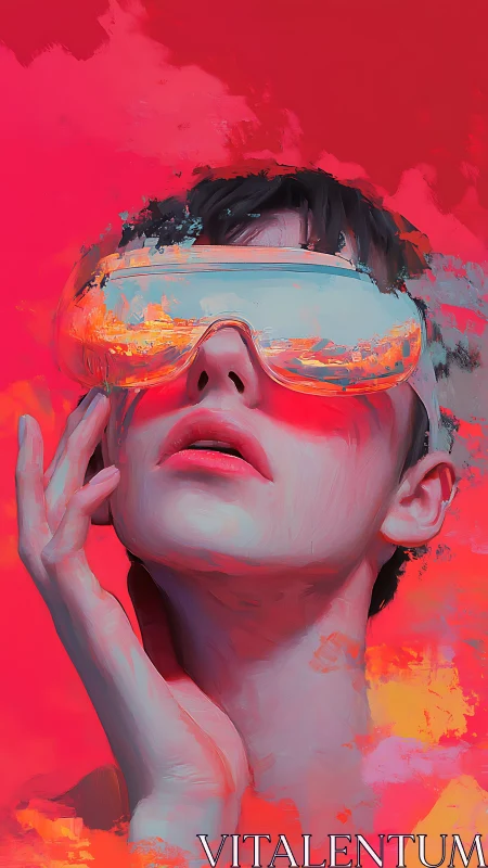 Chromatic VR visor portrait in neon thermal color fields.