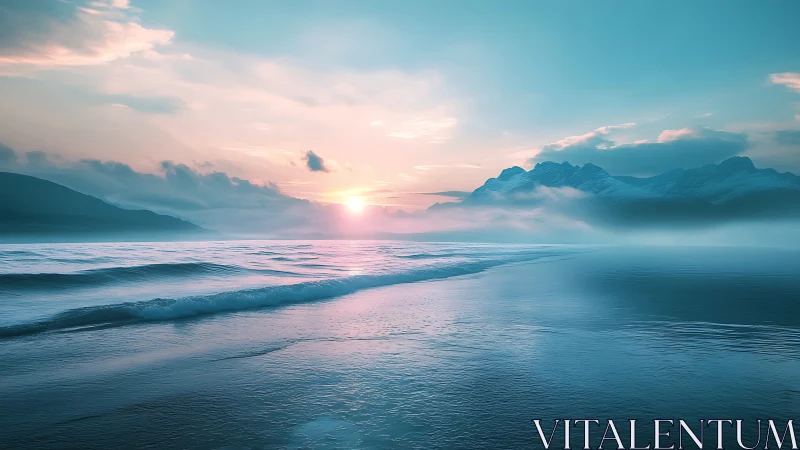Digital seascape horizon with misted mountains and sunrise glow.