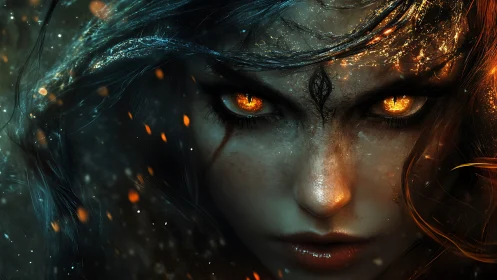 Enigmatic elemental sorceress rendered in fiery digital chiaroscuro