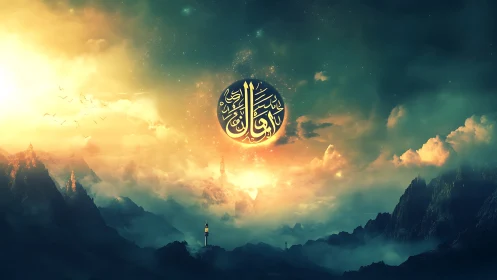 Celestial calligraphy orbits dawnlit mountains in mist