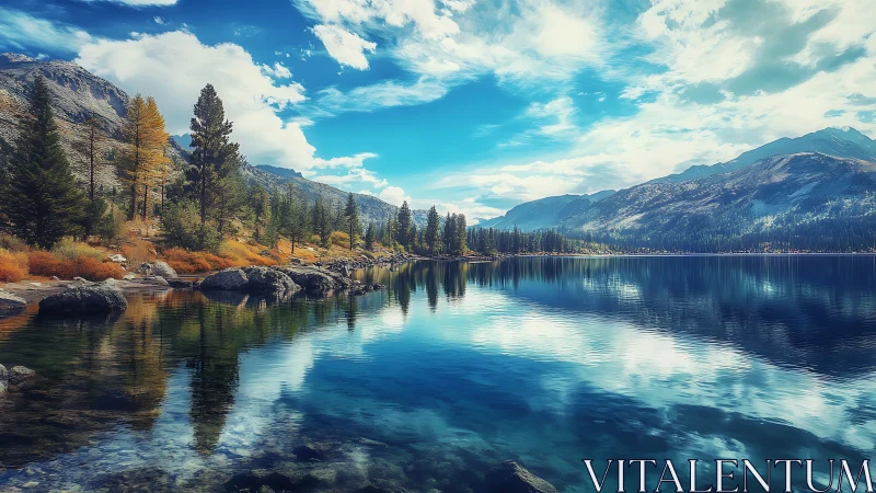 Calm mountain lake mirroring bright skies and autumn pines.