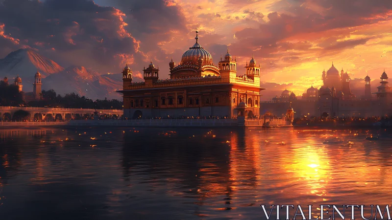 Sunlit riverside temple renders radiant at cinematic sunset