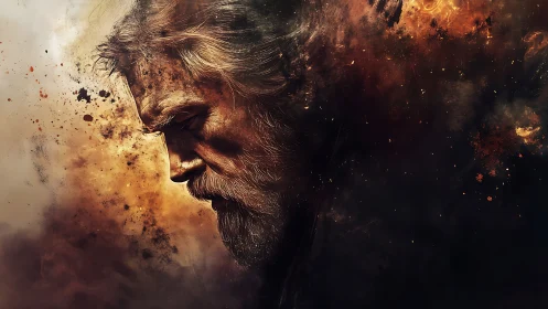 Weathered old warrior dissolves into fiery painted smoke