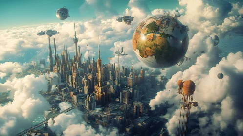 Futuristic cloud city rises beneath orbiting world spheres