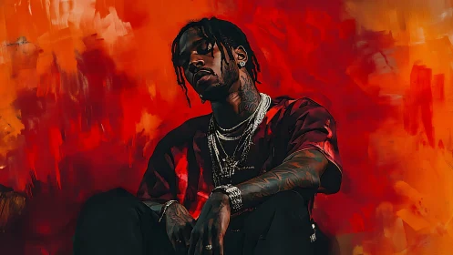 Moody hip-hop portrait smolders against fiery red backdrop.