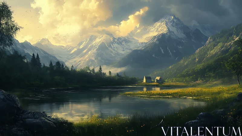 Sunlit peaks cradle a quiet lakeside village in misty calm
