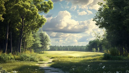 Sunlit meadow bordered by dense forest under clouded sky.