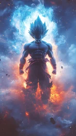 Energy-charged anime warrior rendered in atmospheric flames