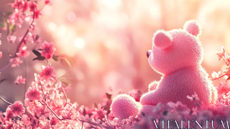 Pink teddy quietly studies spring light through cherry blooms