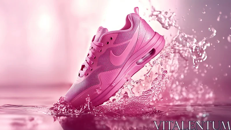 Pink athletic sneaker captured mid-splash in controlled water scene