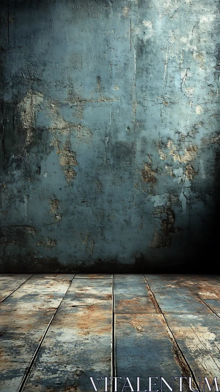 Worn blue plaster wall with weathered plank floor surface.
