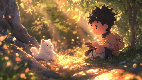 Irradiated forest glade with child, tablet and luminous pup.