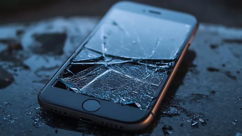 Shattered smartphone lies on wet pavement after impact.