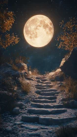 Stone path under full moon in nocturnal landscape.