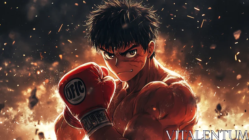 Defiant anime boxer stands amid blazing embers and smoke.