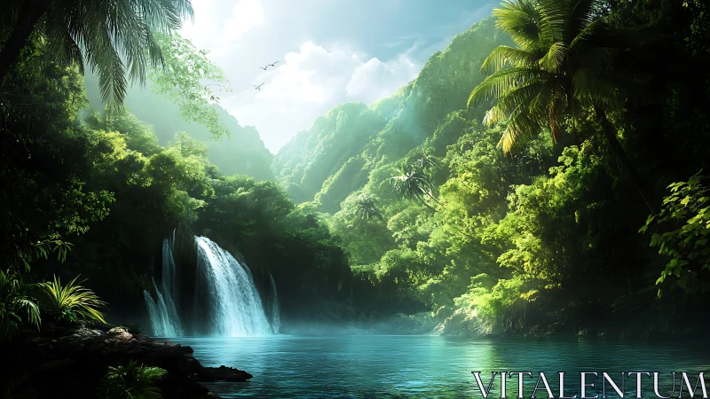 Emerald cascade lagoon cradled in sunlit jungle silence.