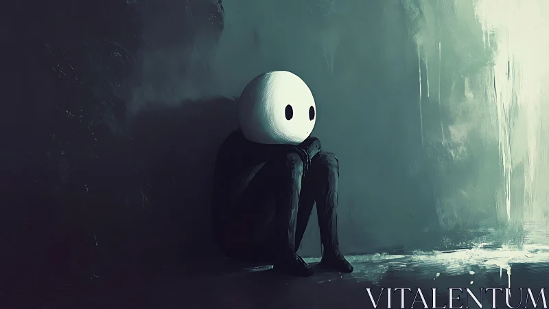 Quiet moon-faced loner curls into shadows of teal solitude.