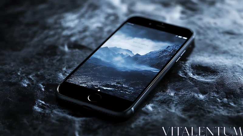 Black smartphone displaying alpine landscape against textured dark surface.