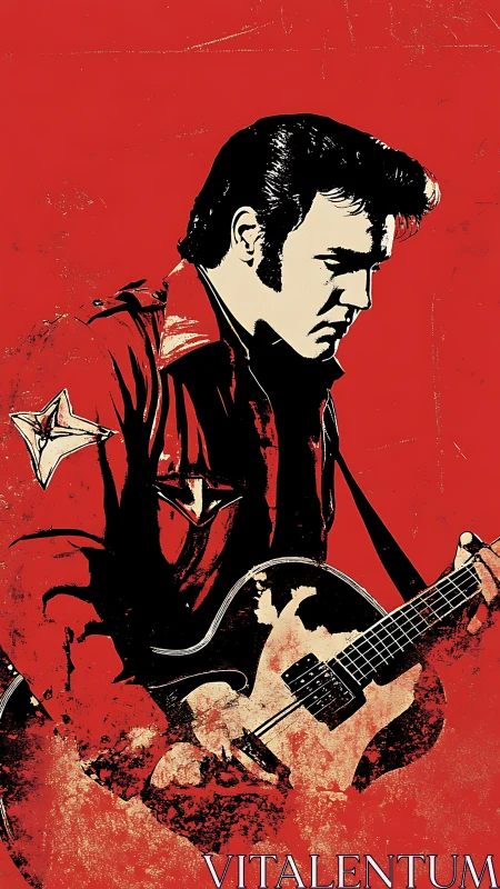 Graphic rock guitarist portrait in red monochrome stencil art