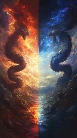 Twin elemental dragons meet where firelight kisses stormsea.