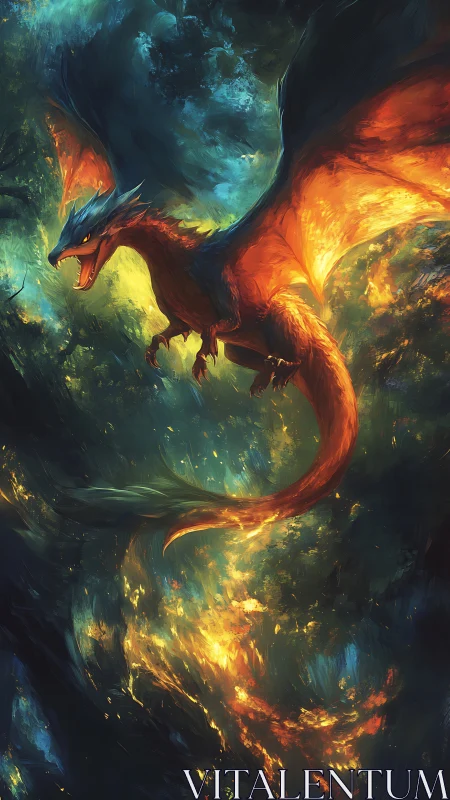 Fiery dragon soars through blazing nocturnal sky.