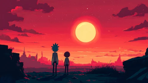 Two friends share a glowing red sunset on an alien horizon.