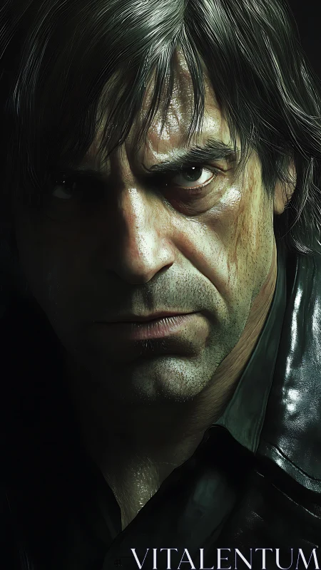 Weathered gaze of a determined man in dramatic shadows.