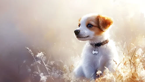 Puppy portrait rendered in luminous backlit digital painting