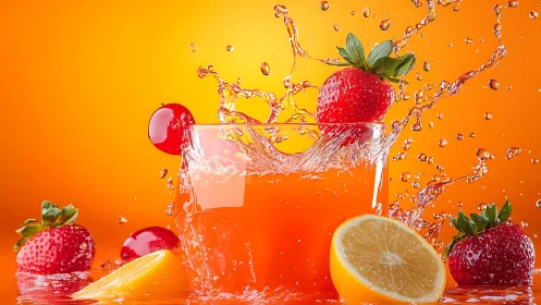 Strawberries splash into citrus juice against vivid orange