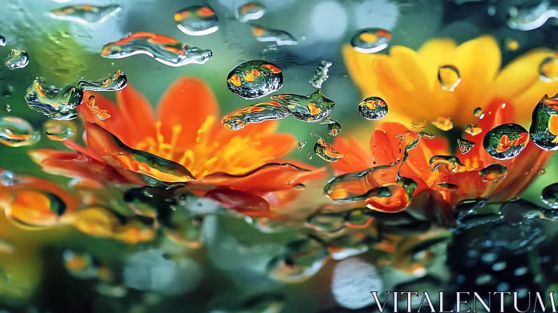Water droplets refract vibrant orange flowers in nature