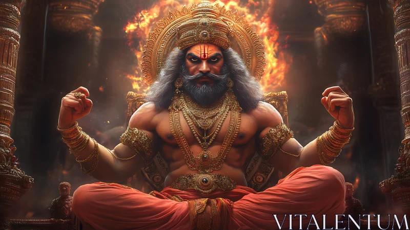 Divine warrior god seated in fiery temple throne vision.