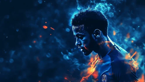 Fiery blue portrait of a focused footballer in glowing smoke
