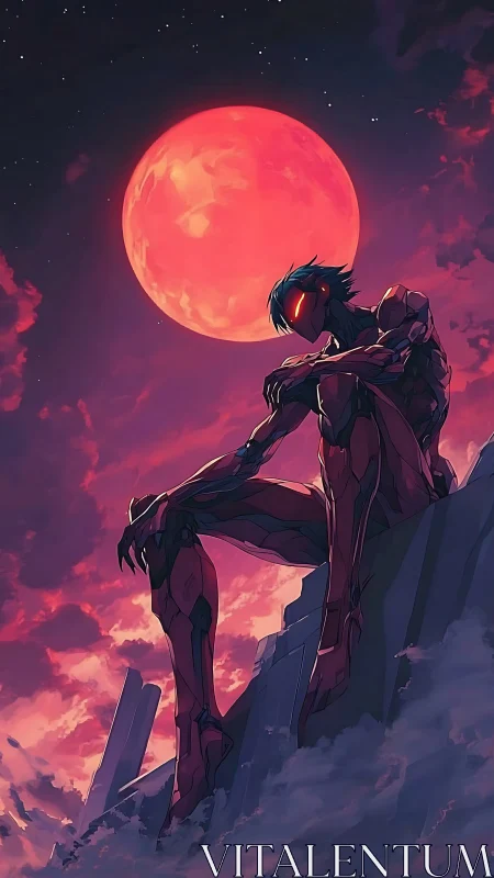 Crimson supermoon crowns a brooding cybernetic sentinel